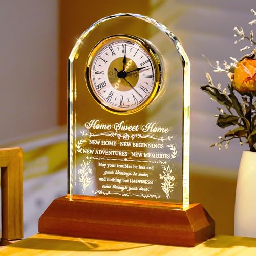 Image of Ornalrist House Warming Gifts New Home Glass Clock Keepsake with Wooden LED Light Base for Women Men Unique Housewarming Gift Ideas for Couples Blessing Warming Gifts for New House Family