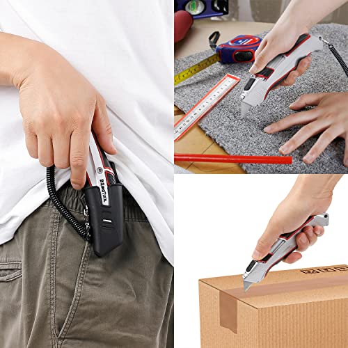 Foto de KingTool Cortador de caja autorretráctil con funda y clip para cinturón, cuchillo utilitario de seguridad retráctil automático con total de 10 cuchillas SK5, carcasa de aluminio con agarre de goma, (imagen 7)