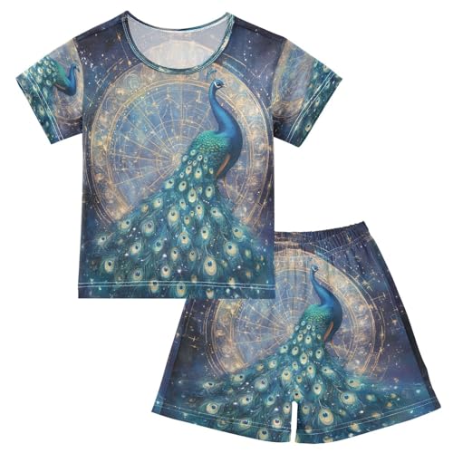 ALAZA Peacock Bird Constellation Pajamas Set Short Sleeve Cotton Sleepwear Summer Pjs 2 Piece 5-14Y