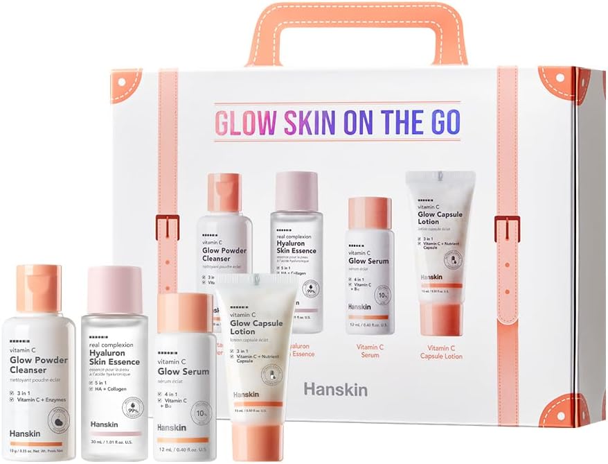 Glow Skin On the Go Kit–Brightening & Hydrating Mini Skincare Set with Cleanser, Essence, Serum & Lotion | TSA-Friendly Travel Kit, Holiday Gift, Stocking Stuffer, Teen Girl & Women’s Skincare