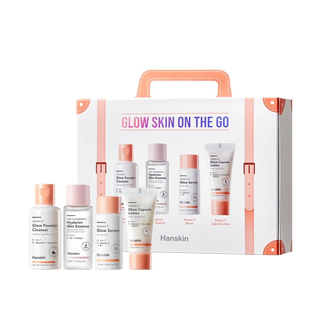 Hanskin Glow Skin on the Go Kit– Brightening & Hydrating Travel Kit with Cleanser, Essence, Serum & Lotion – Korean Skincare for Glowing, Radiant Skin – Moisturizing Face Care Vitamin C Gift Set