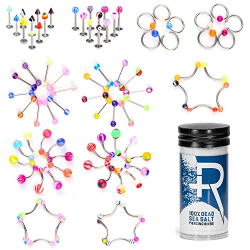 BodyJ4You 120PC Body Piercing Jewelry Aftercare Dead Sea Salt 14G 16G Belly Ring Tongue Nose Tragus Lip Eyebrow Steel