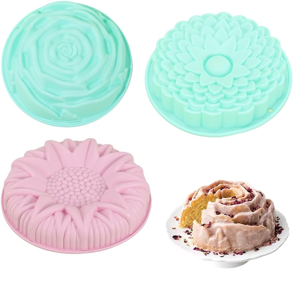 Owving 3 Pack Cake Pan Silicone Flower Shape Silicone Cake Bread Pie Flan Tart Molds Large Round 10in Sunflower Chrysanthemum Rose Shape for Cheesecake,Chocolate,Brownie,Jelly