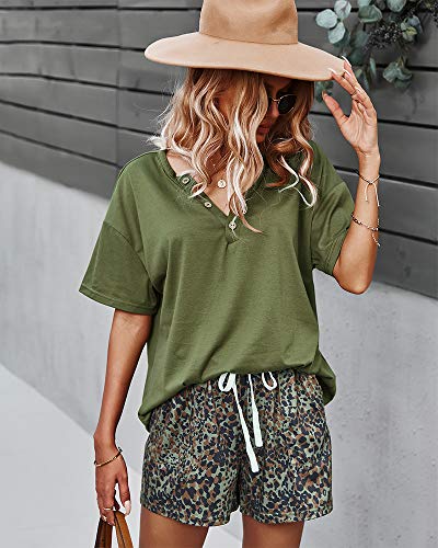 Corski Womens Short Sleeve 2 Piece Tracksuit Casual Sweatsuits Sets Leopard Jogging Shorts And Loose Fit Shirt Army Green M #TOP2