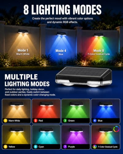 KAJICOO Solar Fence Lights Outdoor, 6 Pack Warm White & RGB 6 Color with RGB Breathing Light Mode, IP65 Waterproof LED Solar Powered Lights for Wall, Backyard, Railing, Step, Patio, Deck, Yard - image 3