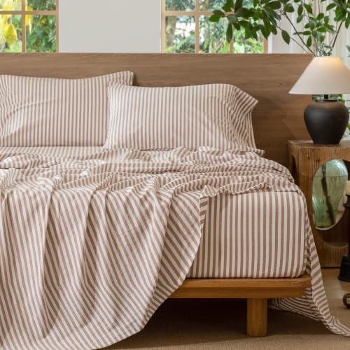 Image of MooMee Striped Sheet Set 100% Washed Cotton Linen Like Twin