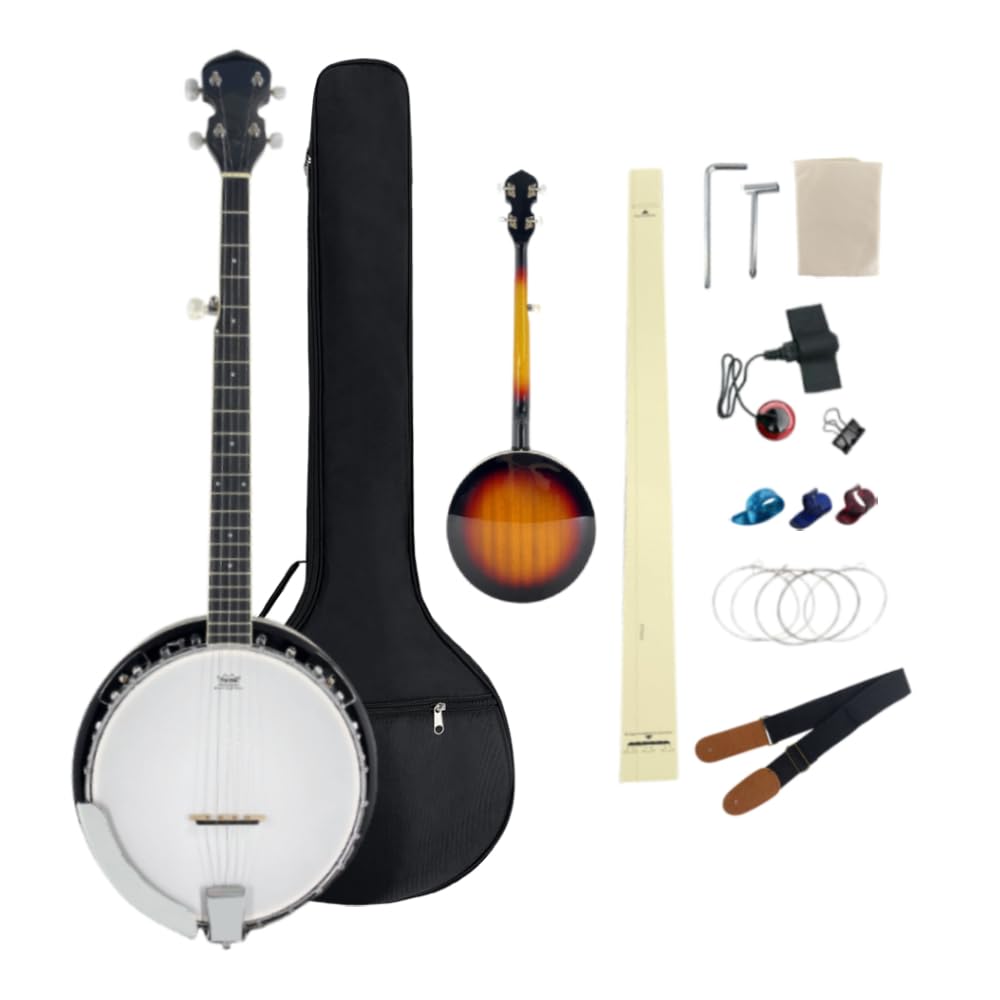 Banjo mit 5 Saiten, 96,5 cm, Full-Size Anfänger-Banjo-Set mit Remo-Kopf und geschlossener Rückseite, 24 Halterungen, inklusive Gigbag, Gurt, Fingerplektren, extra Saiten