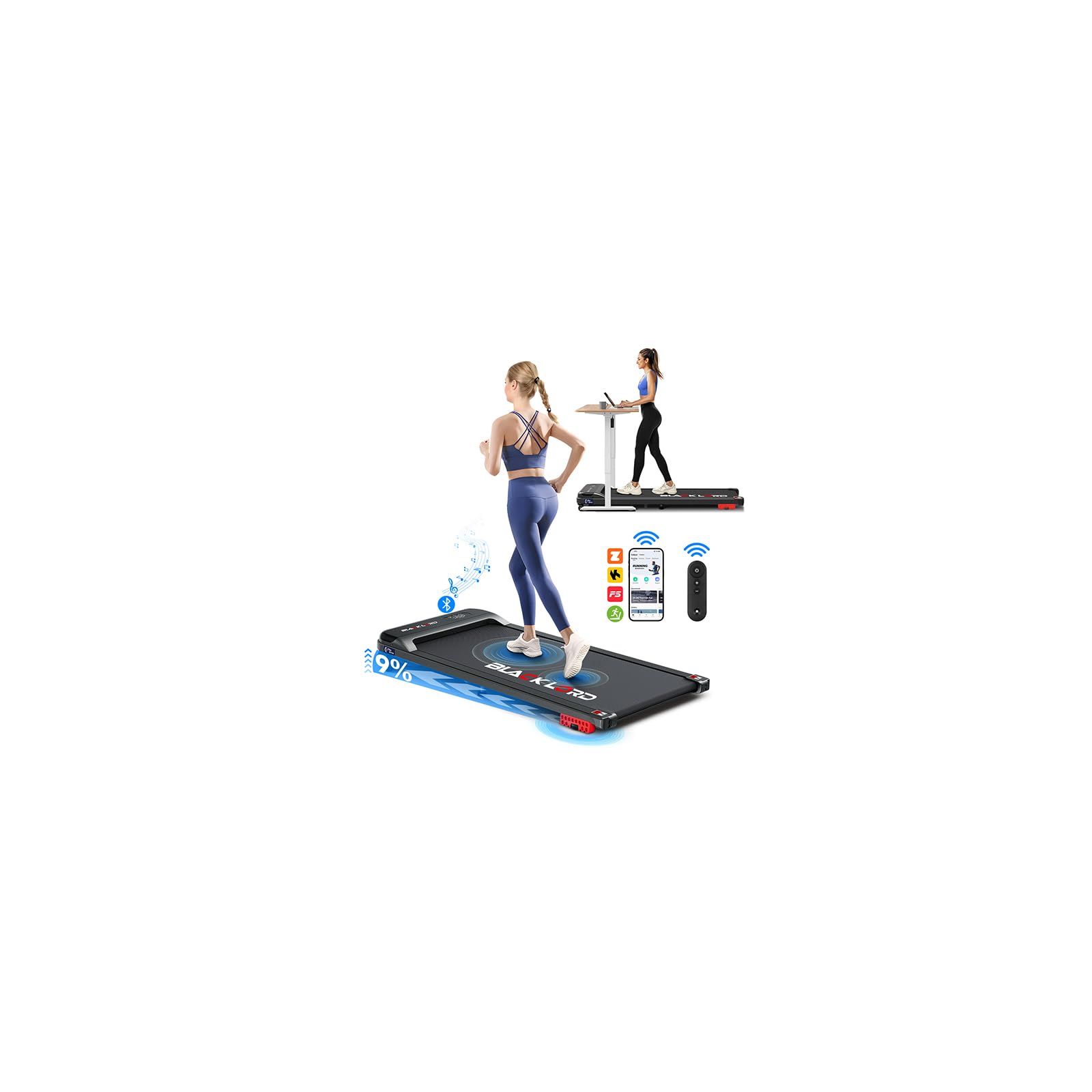 BLACK LORD 3.2HP Walking Pad, 1-12km/h Under Desk Treadmill with 9% Incline, Electric Running Machine for Home Office, Bluetooth Speaker, App/Remote Control, Compact Space-Saving, Black