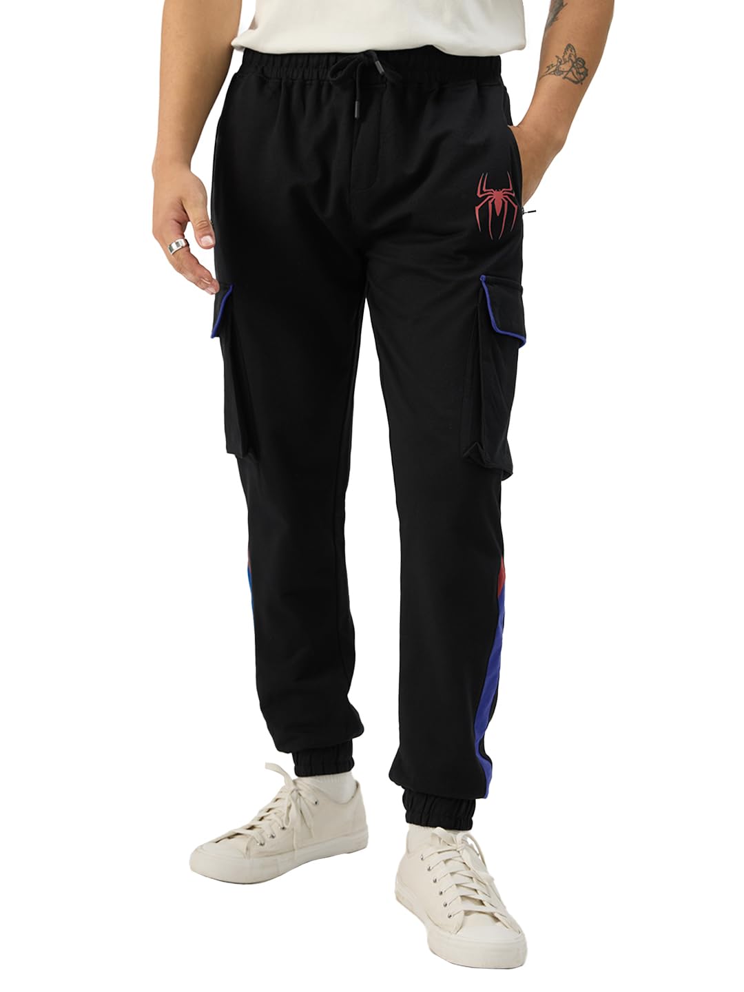 The Souled Store Official Spider-Man: Radioactive Men and Boys Drawstring Cotton Cargo Joggers