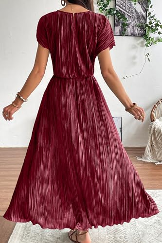 Image of CCTOO Womens Summer Maxi Dresses: Casual Short Sleeve Crewneck Slit Sundress Ruffle Pleated Long Flowy Party Cocktail Dress
