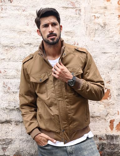 Image of TACVASEN Men's Lightweight Military Cotton Jacket Casual Windbreaker Coat | with zipper and hidden snap,stand collar,multi pockets,tactical m65 field cargo outerwear for winter & fall,utility windproof