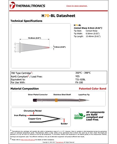 Image of Thermaltronics H70-BL Conical Sharp 0.5mm (0.02in) interchangeable for Hakko T31-02BL