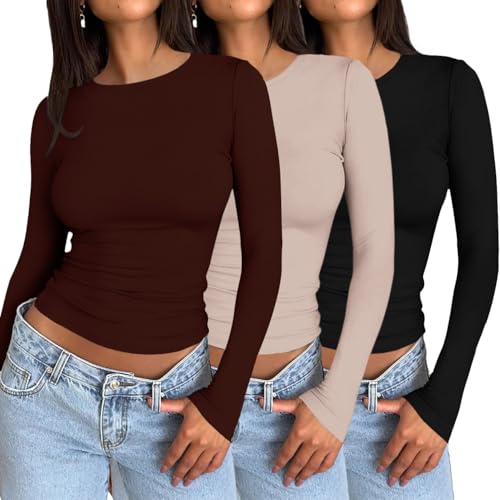 Ekouaer 3 Pack Women Long Sleeve Crew Neck Shirts Basic Thermal Tops Slim Fit Ruch Side Tees Going Out Layering Thirts XS-XXL