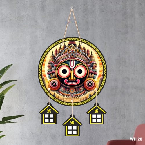 Image of Lord Jagannath Wall Hanging for Home Decor | Jagannath Puri Wooden Decorative Wall Art | Spiritual Mandir Decoration for Living Room, Pooja Room, Office | Indian Traditional Wall Decor, WH29