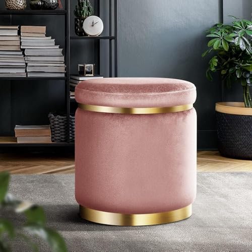 ETIQUETTE ART Upholstered Velvet Round Dual Strip Ottoman Office Stool Foot Rest Stool Linen Fabric Padded Seat Pouf Ottoman with Round Shape for Living Room (Pink)