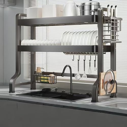 Escurridor de platos para colocar sobre el fregadero - Escurridor ajustable de 42-47 cm - Escurridor de cocina, organizador de encimera que ahorra espacio y evita el desorden,Grey 2Tier- 79cm/31.10in