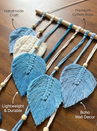 Image of JH Gallery Macrame Leaf Wall Hanging, Boho Theme Home Decor Tapestry with Wooden Beads, Handmade Macrame Wall Decor for Bedroom, Living Room and Balcony. (Blue and White)