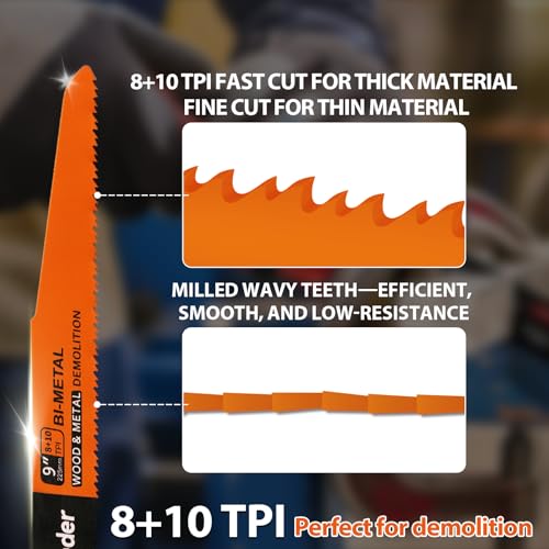 GoYonder Demolition Reciprocating Saw Blades 8+10TPI Bi-Metal, Durable Blades for Wood/Metal, Perfect for Demolition, Renovation, Medium Metals (5-Pack) — view 3