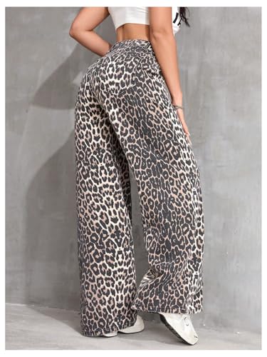 Floerns Women's Y2k Cheetah Print Wide Leg Jeans High Waisted Baggy Casual Denim Pants3