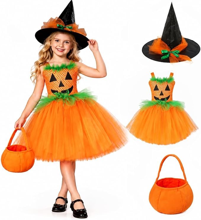 Kids Girls Halloween Pumpkin Costume Fancy Dress 3 Piece Tutu Outfits