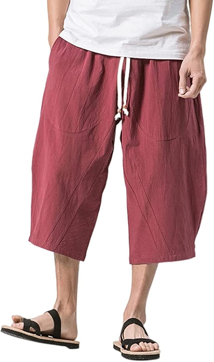 Lingew パンツ メンズ ズボン 肌触りがいい ロング ワイドパンツ 麻パンツ テーパードパンツ アンクルパンツ リネン 調整紐 ブラウン 夏 秋 ゆったり 無地 九分丈 カジュアル 春