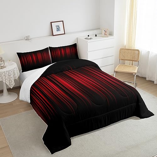 Image of Feelyou Red and Black Ombre Bedding Set Queen, Geometric Abstract Ombre Comforter Red and Black Striped Comforter Set for Kids Boys Girls Stripes Duvet Set Microfiber Quilt Set