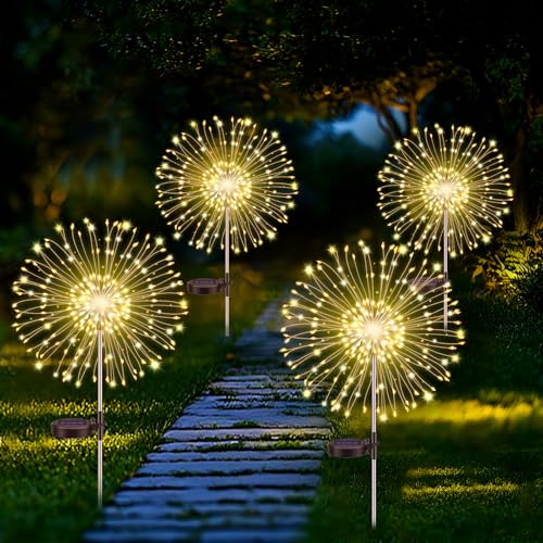 Gartendeko Solar Gartenleuchte Außen, 150 LEDs Weihnachtsbeleuchtung Feuerwerk Solarleuchten, 8 Modi Wasserdicht Solarlichter Pusteblume, für Hinterhof Weg Rasen Terrasse Außen Balkon Deko, 4 Stück