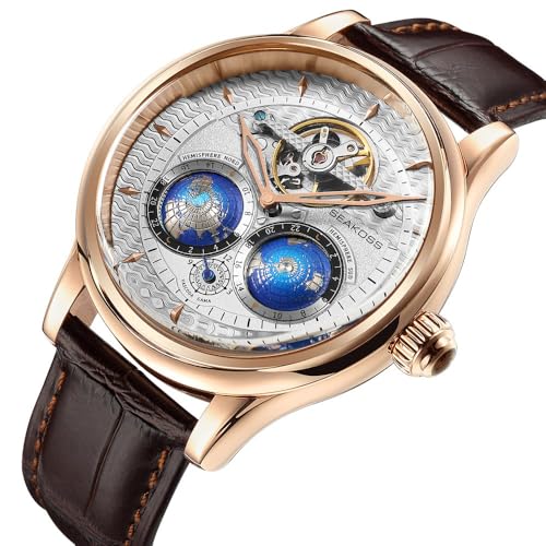 Image of SEAKOSS Watches for Men Automatic Mechanical Luxury Flywheel Watch 3D Double Globe Stainless Steel Case Men Wrist Watch