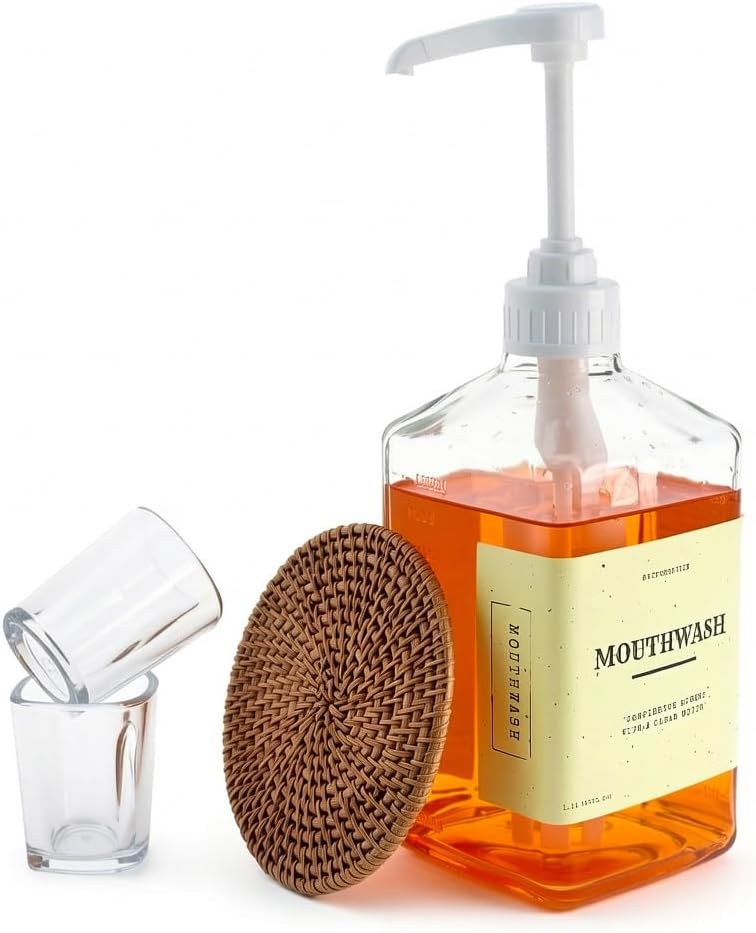 eBun 37oz Glass Mouthwash Pump Dispenser with Cups for Bathroom - Guest Bathroom Essentials, Mouthwash Container, Mouthwash Bottle, Easy Reach Mouthwash Pump Dispenser, Mouthwash Decanter