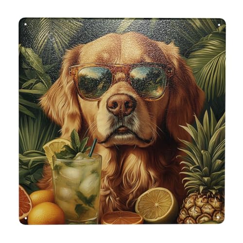 Honozo Tropics Sunglass Golden Retriever Cocktail Tin Metal Sign –