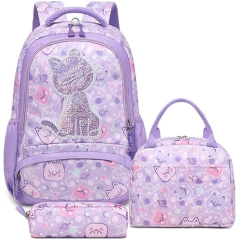 Kimwadalh Cat Print Backpack for Girls Embroidery Backpack School Bag Set Elementary Bookbag Kids Schoolbag Cover