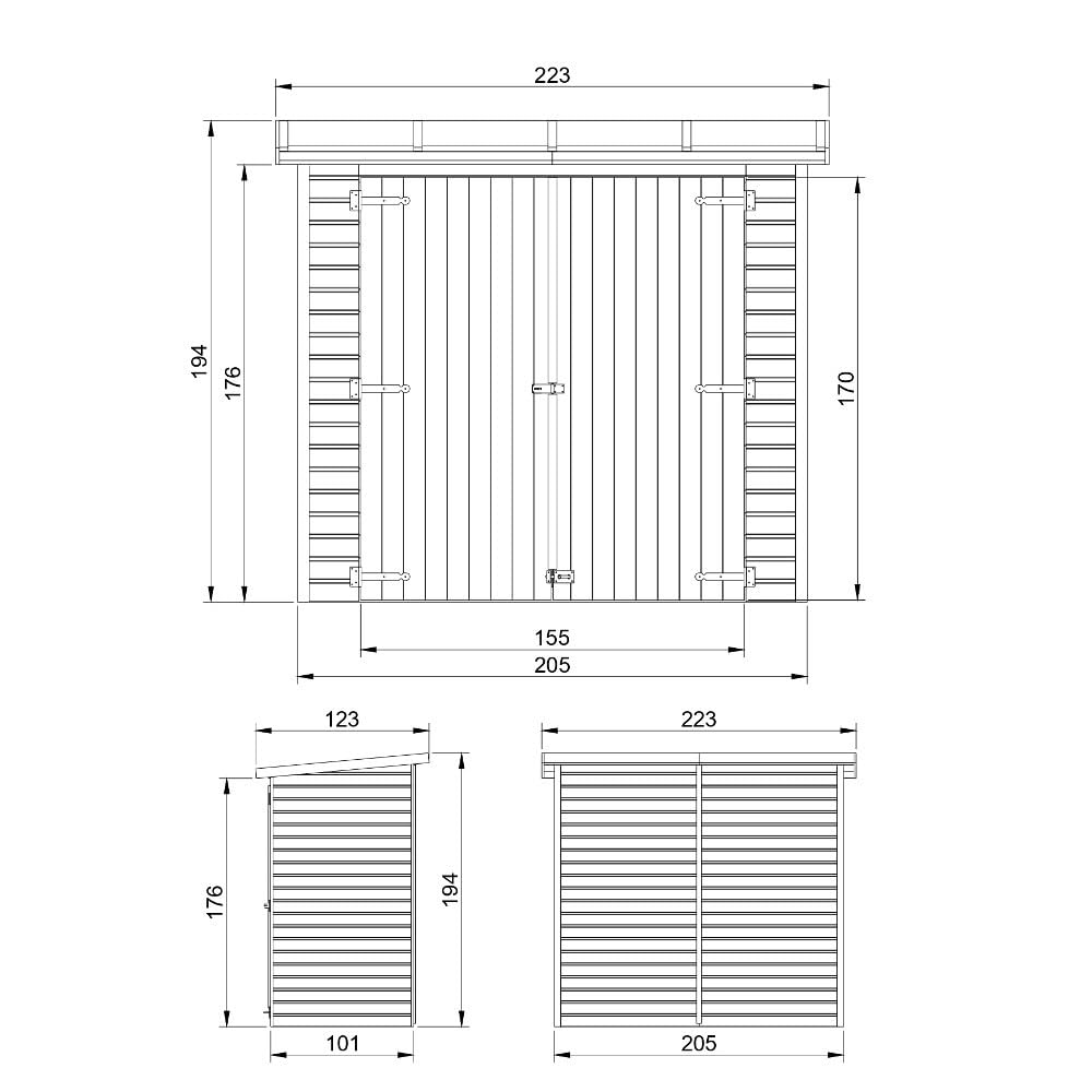TIMBELA Gartenhaus Holz H194x123x223 cm/2.1 m², mit 17 mm Wandstärke - Geräteschuppen Holz ohne Boden, Gartenhütte Holz, Fahrrad Schuppen, Gerätehaus - Wasserfestes Dach TIMBELA M348