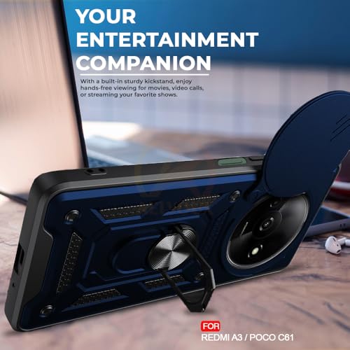 Image of Armor Bumper Back Cover Case for Redmi A3 / Poco C61 Rotating Camera Cover, Ring Holder & Kickstand | Heavy Duty & 360 Degree Protection Redmi A3 / Poco C61 Back Cover (Blue)