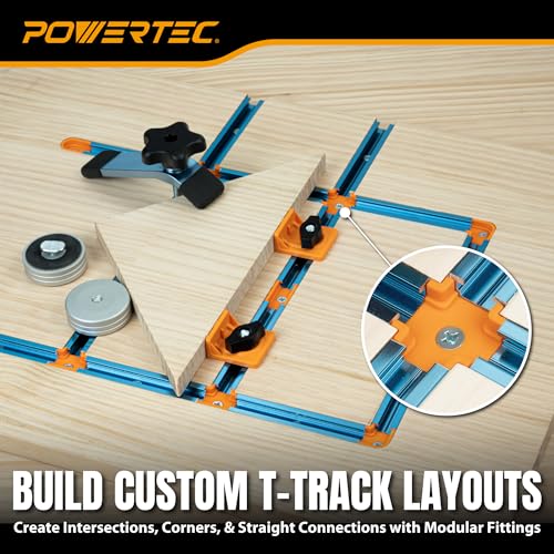 Image of POWERTEC T-Track 4-Way Intersection, Drop-in Connector for 3 /4 inch x 3 /8 inch Grooves, Compatible with 1 /4 inch & 5 /16 inch T-Bolts, Modular T-Track System for Jigs, Router Tables, 8PK (72355)