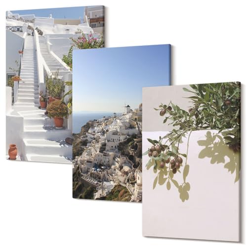 Wallfluent Arredo Murale Contemporaneo Quadro Polycanvas 30x20 cm Stampa su Tela in 3 Pezzi - Design Elegante per Soggiorno - Scale bianche a Santorini con vista sulla città
