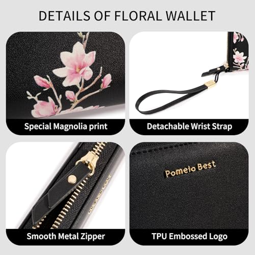 Image of Pomelo Best Wristlet Women Wallet Floral RFID Clutch Purse | Vegan Leather, Multi Credit Card, Large Capacity Zip Around Long Travel Wallets with Coin and Phone Pocket for Ladies