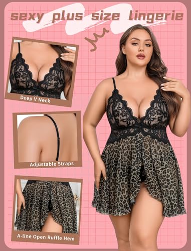 Image of Avidlove Plus Size Lingerie for Women Sexy Lingerie Dress Lace Babydoll Lingerie V-Neck Open Front Strap Nightdress