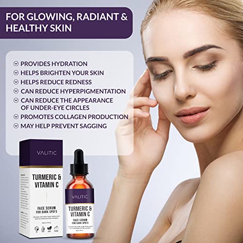 VALITIC Vitamin C Face Serum for Anti Aging - Hyaluronic Acid, Collagen, Kojic Acid, Turmeric Oil Dark Spot Remover Brightening Serum Eyes and Facial Serum Skin Care 1 fl oz