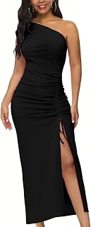 One Shoulder Sleeveless Wedding Guest Bridesmaid Party Dress with Drawstring Ruched Slit