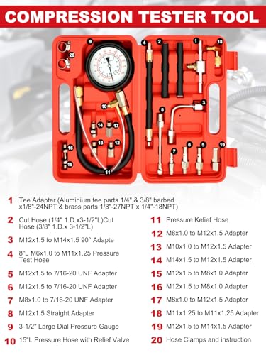 Wvoillty 0-140PSI (10 Bar) Kraftstoffdruckprüfer Kit, Benzinpumpen Tester mit Adapter & Manometer, Diagnosewerkzeug für Auto, LKW, Motorrad
