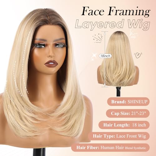 Image of EMMOR Human Hair Wig for Women 13x5x1 Inch HD Lace Front Wig 18 Inch Layered Glueless Wigs Pre-Plucked Hairline Human Hair Blend Premium Synthetic Fiber for Everyday Wear(Ombre White Blonde)