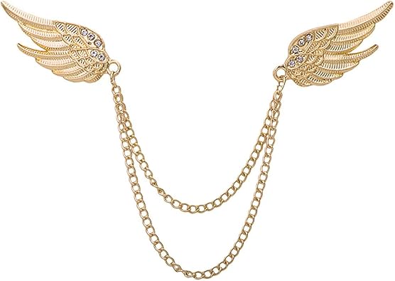 Angel Wings Tassel Chain Brooch Collar Pins. Rhinestone Metal Feather Lapel Pin, Suit Coat Breastpin for Women Mens Accessories