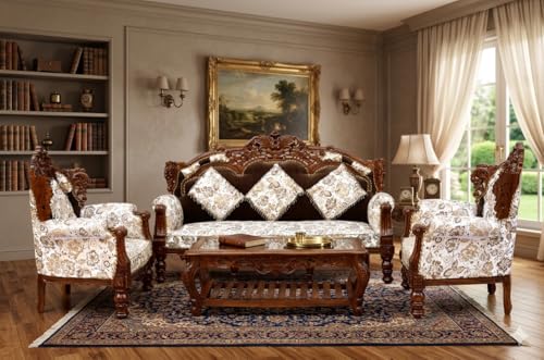 Image of WHITEBRN5STRWITHTABLE Wooden Carving Sofa Set for Living Room with Table