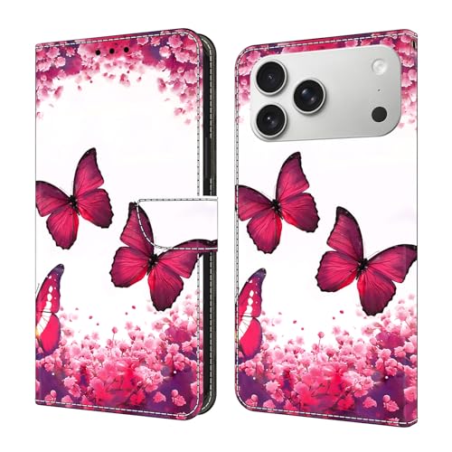 Étui iPhone 17 Pro Max papillon rouge en cuir à rabat portefeuille