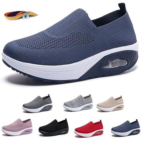 Women Mesh Air Cushion Orthopedic Diabetic Walking Shoes Slip-on Platform Sneakers Breathable Lightweight with Arch Support Wedge Rocker Shoes (Dark Blue,10.5,Women,10.5) Cover