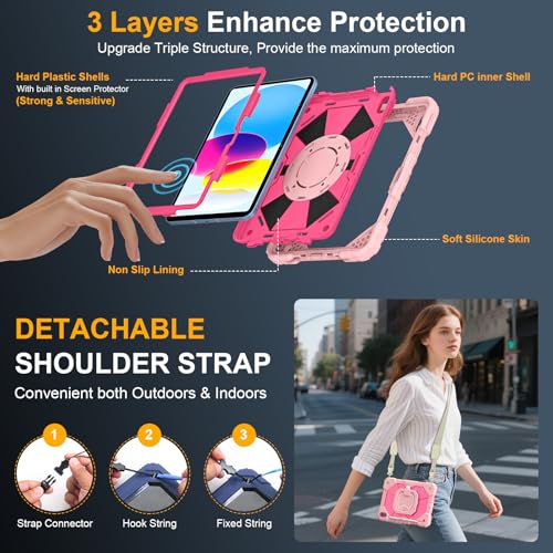 Image of Case for iPad (A16) 11th Generation 11 Inch 2025, Ubearkk for iPad 10th Generation 10.9 inch 2022 case with Screen Protector 360 Degree Rotating Stand Shoulder Strap Pencil Holder, Rose Pink