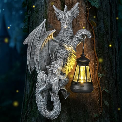 IDEA SHOW Solar Dragon Decor Tree Hugger Statue | Outdoor Garden Statue with LED Light for Yard Patio Balcony | Fantasy Dragon Figurine for Trees Walls Fences | Unique Gift for Women Men & Mom