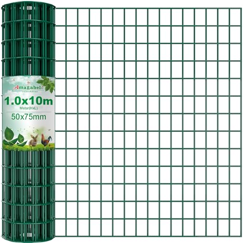 Amagabeli Grillage Cloture 1M x 10M - Clôture Métallique en Fil 2.0mm PVC, Mailles 50x75cm Vert RAL6005 - Protection Animaux (Chiens, Lapins), Bordure...