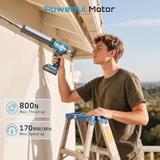 SEESII Cordless Caulking Gun, 21V Battery Powered Caulk Gun, Electric Caulking Gun w/2 x 2.0Ah Batteries, 9Pcs Caulk Remover Tool, LED Light, Auto Retract for Filling, Sealing