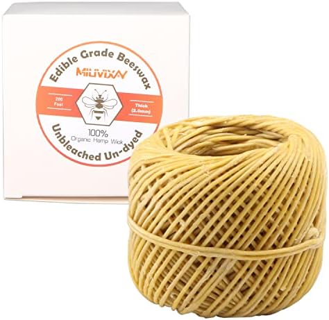MILIVIXAY Thick Hemp Wick with Natural Beeswax Coating, Edible Grade Beeswax, 200 FT Spool, Thick Size (2.0mm),Unbleached, Un-dyed and 100% Organic, Perfect Alternative to Butane Lighters and Matches.